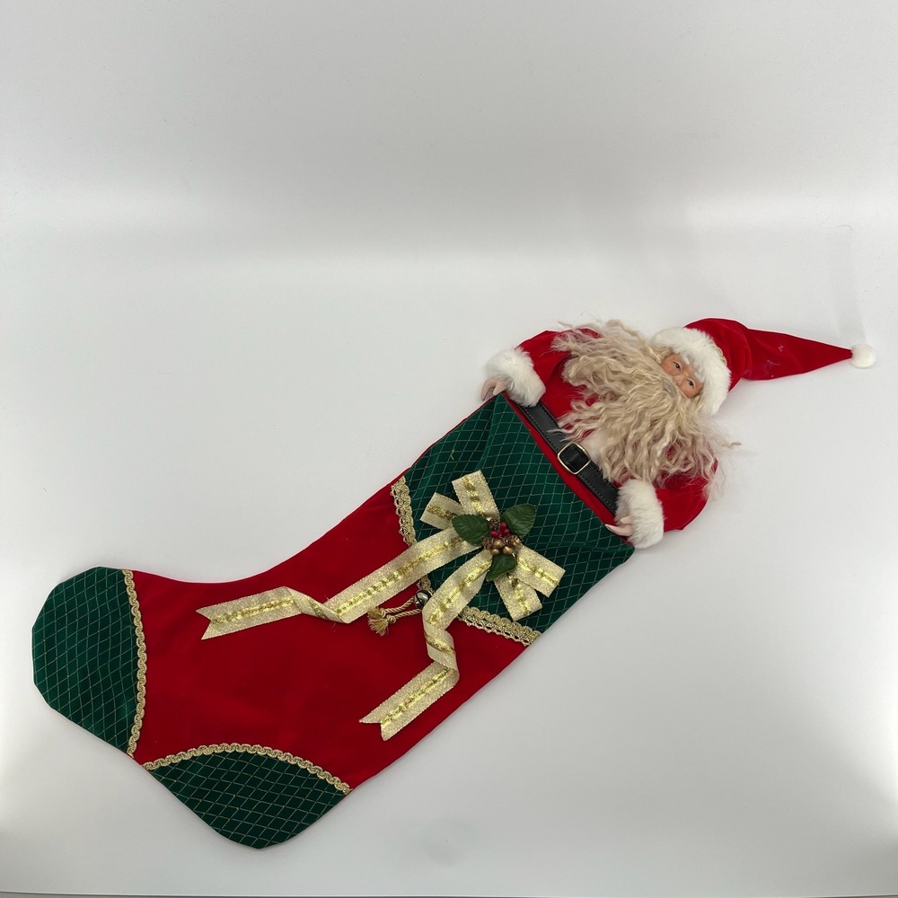 Vtg Santa Claus Christmas Stocking Large Plush Doll Red Green Gold Hanging Decor